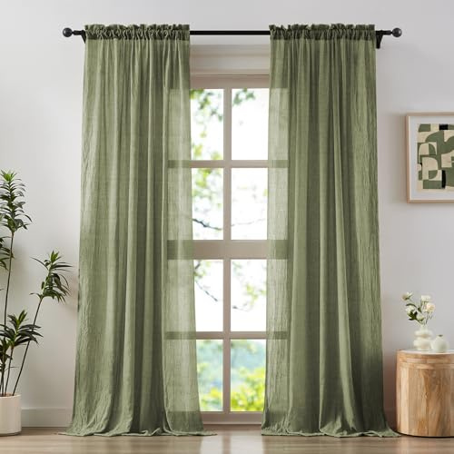 Anpark Elegant Sage Green Sheer Curtains for Living Room Patio Door Cotton Linen Crinkle Textured Light Filtering Crepe Sheer Drapes Natural Voile Curtains Rod Pocket, W52 x L108 inch, 2 Panels