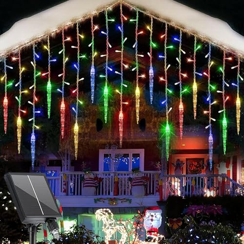 SUAVER Solar Eiszapfen Lichterkette, Solar Weihnachtsbeleuchtung Deko Vorhang Lichter mit 4m 19-Tropfen 96LED Wasserdicht Eisregen Lichterkette für Hof,Garten,Hochzeit,Party,Hausdach (Mehrfarbig)