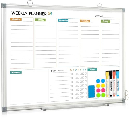 WALGLASS Weekly Dry Erase Calendar Whiteboard for Wall, 24 x 18 Double-Sided Weekly Planner White Board with Notes, Daily Tracker, Aluminum Framed Hanging & Wall Mount for Home, Office, School