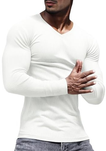Lehmanlin Mens Thermal Underwear Long Sleeve Muscle T-Shirt Slim Fit V Neck Undershirts Elasticity Ribbing Pullover Top (White/M)