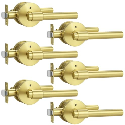 KNOBWELL Gold Door Handles for Bedroom Bathroom, 6 Pack Golden Door Knob with Interior Push Button Lock, Heavy Duty Unversible Right/Left Handed Levers, Silent Privacy Handle fits Standard Doors
