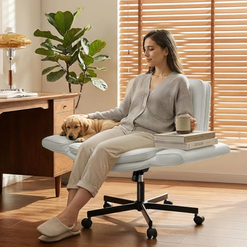 Ckaff Bürostuhl Ergonomisch mit 5-Stufig Verstellbare Armlehnen, Schreibtischstuhl mit Breitem Sitzkissen, PU Leder Schneidersitz Stuhl mit Neigefunktion, Höhenverstellbar Drehstuhl, Weiß