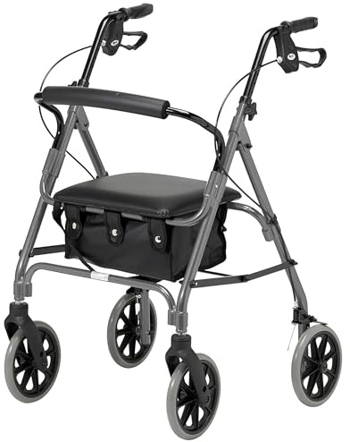 DAYS Lightweight Folding Rollator Walker – Mobility Aids, Adjustable Walking Frame with Padded Seat, Lockable Brakes, Ergonomic Handles, Walking Aid, Portable Walker for Elderly, Large – Quartz