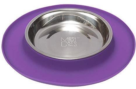 Messy Cats Single Silicone Feeder with Stainless Saucer Shaped Bowl | Anti-Slip Non-Skid Cat Food Bowl | One Cat Bowl in Feeding/Water Station | 1.75 Cups (Purple)