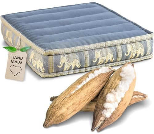 livasia Sitzkissen Boden Thaiseide - 50x50x10cm - Bodenkissen Indoor/Outdoor, Meditationskissen Yogakissen, Stuhlauflage Palettenmöbel, Steppkissen Bank handgefertigt (Grau/Elefanten Seide)