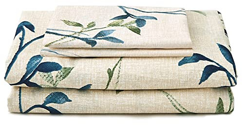 KOMFOR 4 Piece Bed Sheets Set Queen Floral Leaves Hotel Luxury Bedding Sheet - 1 Flat Sheet 1 Fitted Sheet 2 Pillowcases Double Brushed Microfiber Hypoallergenic Deep Fitted Bedding Sheet Set Beige