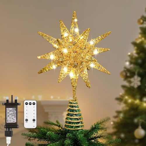Lewondr Christmas Tree Topper, Plug in 3D Starburst Xmas Lighted Star Tree Topper, Remote Control & Timer Light Up Vintage Moravian Tree Topper for Christmas Decoraiton, Warm Light, Champagne Gold