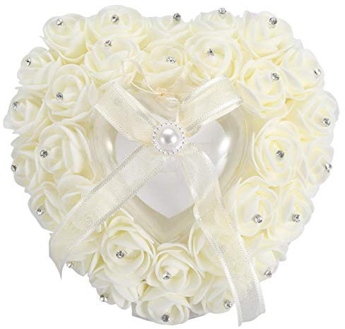 Cuscino per anelli - Cuscino per fedi nuziali a forma di cuore romantico portatile Rose strass Decor morbido cuscino per anello(Beige)
