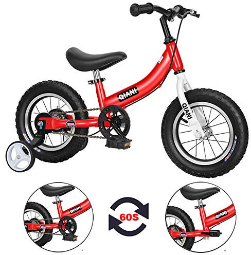 Qiani Laufrad 2 in 1 für Kinder ab 2 3 4 5 6 7 Jahre,Kinderlaufrad mit Bremse,Stützräder,Pedalen,Luftreifen und Seitenständer,Kinderfahrrad 12 14 16 Zoll(rot, 16 Zoll)
