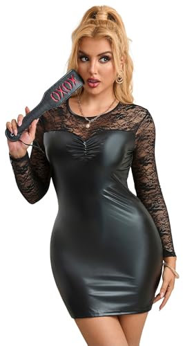 ohmydear Lederkleid Damen Elegant mit Reißverschluss Mini Kleider Leder Dessous Frauen Sexy Outfit Damen Rundhals Clubwear Große Größen Partykleid