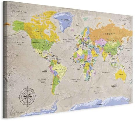 decomonkey Akustikbild Weltkarte 120x80 cm 1 Teilig Leinwand Modern Bilder | Wandbilder XXL, Schallschlucker, Schallschutz, Akustikdämmung, Wandbild, Deko, Leise, Welt Karte, Landkarte, Kontinente