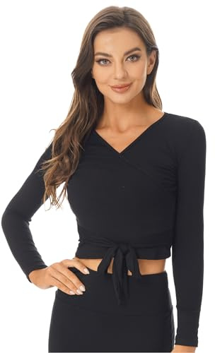 inhzoy Damen Ballett Wickeljacke Langarm Wärme V-Ausschnitt Bolero Jäckchen Oberteil Tanz Gymnastik Training Yoga Tops A_Schwarz S