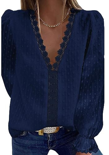 Bipily Camiseta para Mujer Blusa de Encaje con Cuello en V de Gasa Manga Larga Elegante y Básica Color Sólido Tops(Azul Marino,S)