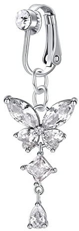 Crdifu Clips On Fake Bauchnabelpiercing Kein Piercing Falsch Bauchnabel Ring Klemme Silber mit Anhänger