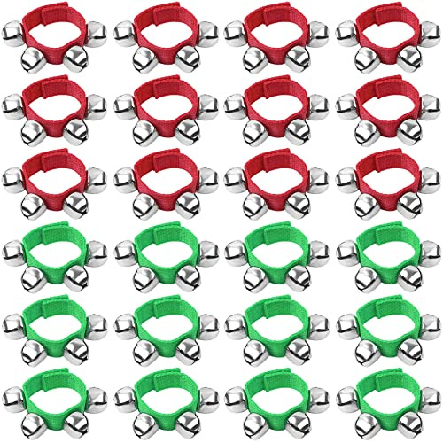 Augshy 24PCS Christmas Wrist Band Jingle Bells Bracelets Silver Jingle Bell Musical Instruments for Kids Christmas Party Favors