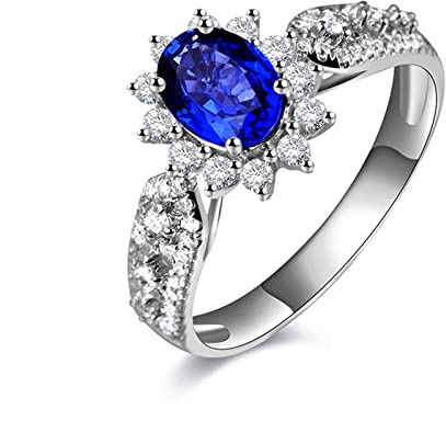 AMDXD Damen Goldschmuck, Solitär Ring Damen 18 Karat Au750 Weißgold Zafir 0.885ct Verlobungsring Diamantring klassische Frau Ring mit Diamant, Oro blanco de 18 quilates (750), Zafiro