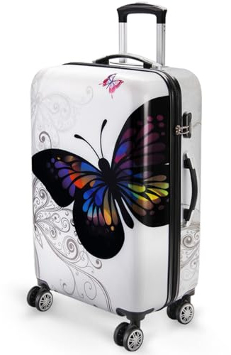 MONZANA® Large Hard Shell Suitcase 4 Wheels Hardshell 27' 27 inch, 68x43x27cm, XL Suitcase 4 Wheels Lightweight Extra Large Travel Luggage with 360° Spinner, Telescopic Handle, Lock, White Butterfly