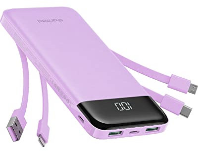 Charmast Power Bank 10000mAh con Cavi Integrati,Caricatore Portatile USB C 5V/3A Powerbank LED Display con 6 Uscite e 3 ingressi per iPhone Samsung Huawei Xiaomi (viola)