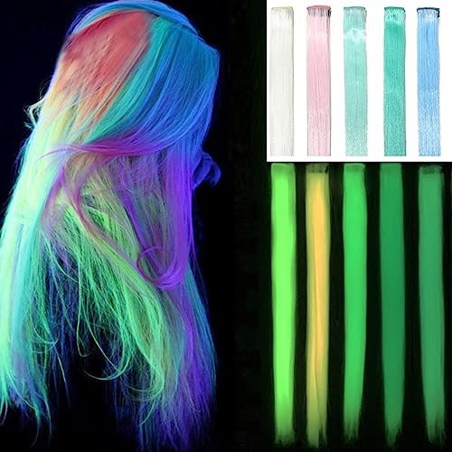KARLOR fluoreszierende Haarsträhnen,10 PCS Neon Haarteil Festival Haarverlängerung gefärbt farbig glatt Clip in Haarextensions Karneval Schwarzlicht Party Fasching(Glow in Dark)