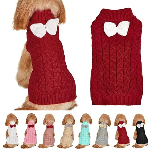 Pull pour Chien Chandail à col roulé avec nœud pour Chien Jumper Chien Chaud Vêtements d'HiverPulllover Tricoté Manteau Chien Noël Costume pour Petit Moyen Grand Chien Chats (Large, Bordeaux)