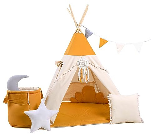 Rainbow Kids Tipi Zelt für Kinder | Baumwollsegeltuch Tippi Kinderzelt, Mehrere Muster und Farben mit und ohne Spielzubehör für Outdoor- und Indoor-Kinderspaß (mit Zubehör, Honigland)