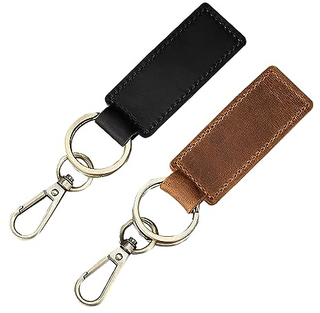 HAOXYO 2 Stück Auto Schlüsselanhänger Leder, Universell für Damen und Herren, Mit Gürtelschlaufe Autozubehör (Schwarz und Braun)