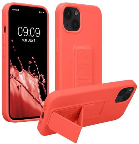 kwmobile Case for Apple iPhone 13 Case - Soft TPU Cover with Silicone Coating - With Hand Strap and Stand Function - Shockproof - Coral