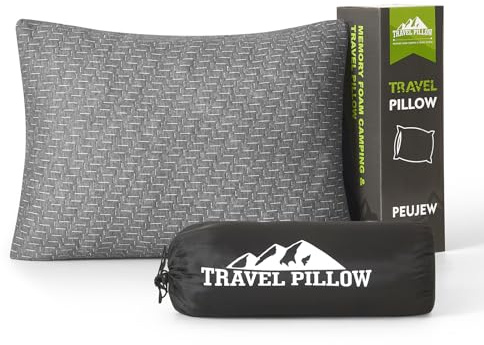 PEUJEW Travel Pillow Camping Pillow, Compressible Memory Foam Small Pillow with Waterproof Bag, Breathable Cover, Ideal for Camping, Backpacking, Car and Airplane (L, Grey)
