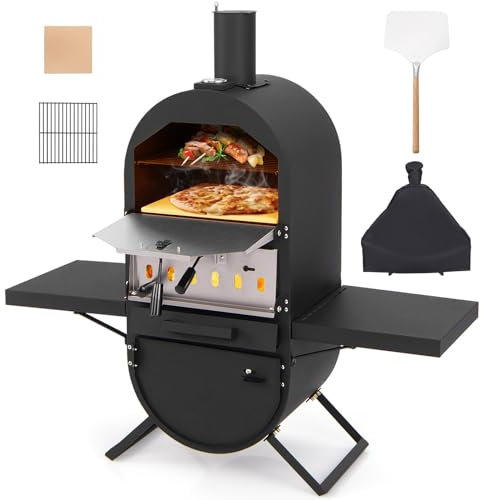 TANGZON 2-in-1 Outdoor Pizza Oven with BBQ Grill, 2-Tier Wood Fired Pizza Maker with 30cm Pizza Stone, Pizza Peel, Thermometer & Fabric Cover, Garden Patio Pizza Cooker Stove with 2 Side Shelves