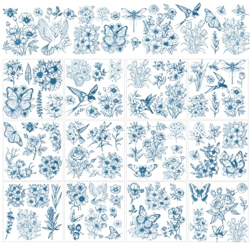 AHANDMAKER 12 Blatt Abziehbilder Zum Aufreiben Mit Blumen Und Vögeln Zum Basteln Blumen Und Schmetterlinge Rubbel Transferaufkleber Vintage Pflanze Rubbelaufkleber Aufkleber Für Home Decor 5.5x5.5