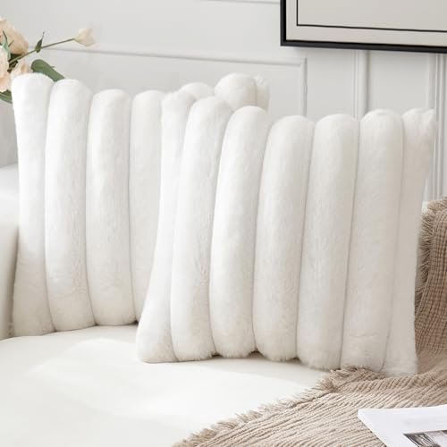 MIULEE 2er Set Kissenbezug 50×50cm Grobstreifen Plüsch Weiß | Grobstrukturierter Plüsch Weich Kuschelig Pflegeleicht Dekorativ für Sofa Wohnzimmer Schlafzimmer und Kinderzimmer
