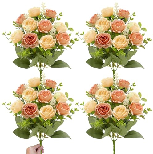 TURNMEON 40 Heads Fake Roses Artificial Flowers for Outdoors Mother's Day Decor,4 Bouquets UV Resistant Fake Cemetery Flower Bouquet Faux Silk Roses for Wedding Birthday Home Summer Decor(Champagne)