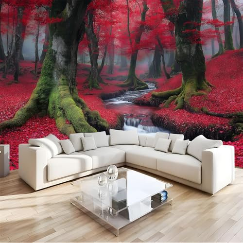 NAWVNMI Papier peint autocollant et décollable - Motif forêt de feuilles rouges - 150x105 cm - Papier peint paysage naturel - Papier peint amovible et décollable pour mur - papier peint autocollant