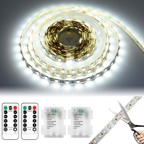 2 Stück LED Streifen Batterie 1m,LED Strip Batteriebetrieben,Lichterschlauch Batteriebetrieben mit 8 Modi Timer Fernbedienung,Schneidbar Wasserdicht für Schränke,Treppen,Küche,Betten (Weiß)