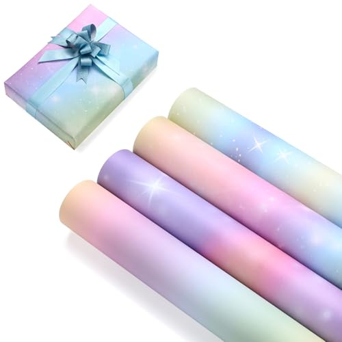 4 Rollen Regenbogen Geschenkpapier Set für Kinder Baby Mädchen, Pastell Bunt Hochwertiges DIY Edel Irisierend Rosa Lila Packungen Geschenkverpackung Papier für Frau Frauen Geschenk Geburtstag 50X70cm