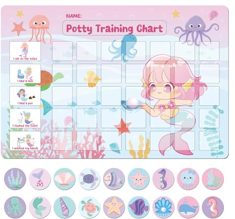 GWHOLE Potty Training Reward Chart with 48 Reusable Magnetic Stickers Mermaids Reward Chart for Toddler Girls Toilet Training Wipe-Clean