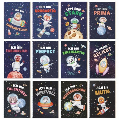 MEJOSER 12 Stück Mini Notizbuch Kinder Weltraum Mitgebsel Kindergeburtstag Notizblock Liniert Klein Inspirierende Sprüche Adventskalender Füllung Weihnachtsgeschenke Junge Mädchen