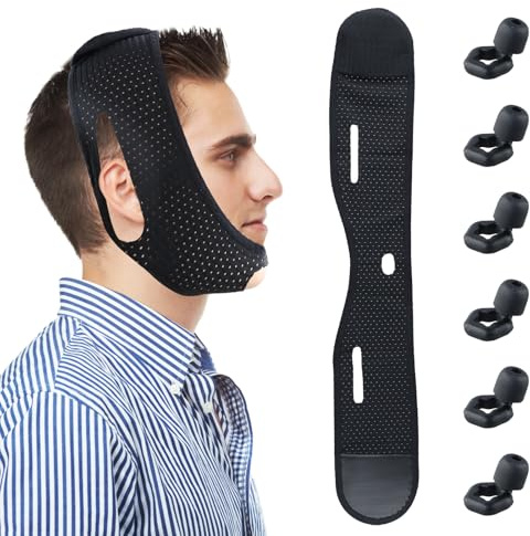 Anti-Schnarchen-Kinnriemen, Doppelkinn-Entferner Lifting-Maske, Wiederverwendbare V-Form-Maske, mit 3 Paar Schlaf-Ohrstöpseln, Verbessert den Schlaf für Männer und Frauen, Schwarz