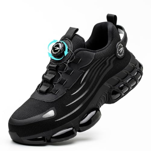 GemChve Scarpe Antinfortunistiche Uomo Donna Leggere Traspiranti Sneakers Antiscivolo Scarpe Sicurezza con Punta in Acciaio Regolazione Rapida dei Lacci Black 45 EU