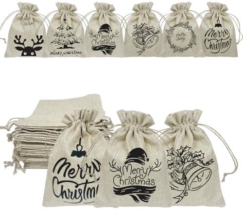 Geschenktüten Weihnachten, 12 Weihnachten Jutesäckchen, 13X18cm Nikolaussäckchen, Weihnachtssack Jutesäcke mit Kordelzug, Zum Befüllen Weihnachtstüten, Adventskalender Weihnachtsbaum Deko DIY