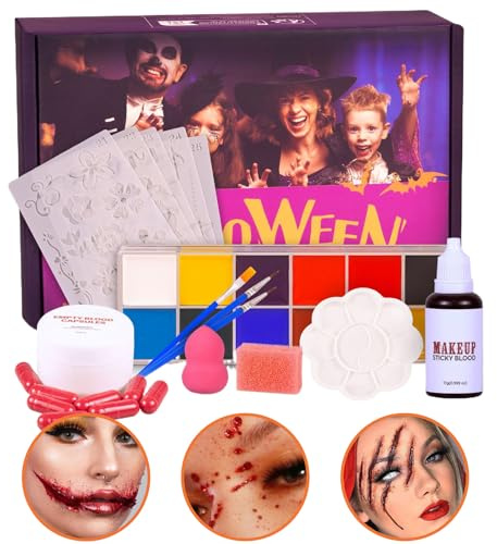 Halloween Gesichtsbemalung - Halloween Kinderschminke Set,Waschbares künstliches Blut für Cosplay Bemalung bei Zombie Vampir Festen Partys Feiertagen Geburtstagen und Auftritten