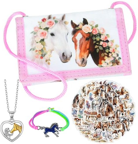 Sektasu Mädchen Pferde Geschenk - Geldbeutel, Kette, Armband, Sticker - Weihnachten, Geburtstag, Geschenke für Mädchen, Pferde Fans