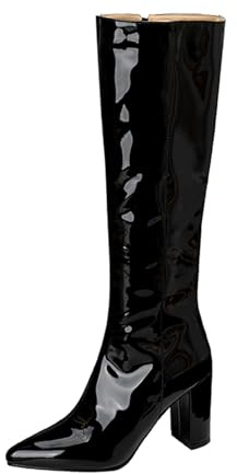 Klarmar Talons Hauts Bottes Longue Femme Pointu Bottes de Fête Pointu Cuir Verni Elegant Fête Mariage Botte Haute Jusqu'Au Genou Noir Taille 37 EU/38