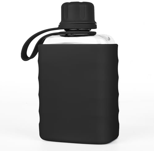Modern Small Flask with Silicone Sleeve Mini Portable Travel Liquor Flask Clear Tritan Plastic Water Bottles, 8.2oz BPA Free Pocket Drinking Alcohol Flask for Outdoor (Black)