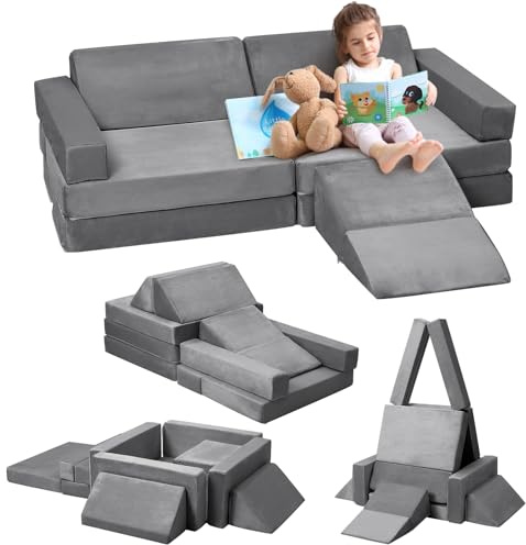 Spielsofa, Modulares Kindersofa, 12-teiliges Schaumstoff Bausteine Sofa, vielseitig kombinierbar, Kindersofa Ausklappbar aus Kuschel Cord für Jungen und Mädchen Kuschelecke im Kinderzimmer - A