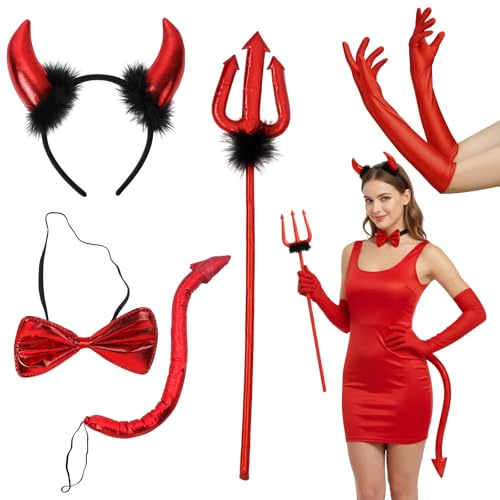 DvBCNMe Teufel Kostüm Damen, 5-Teiliges Set Halloween Kostüm Teufel | Halloween Kostüm Teufel Damen mit Hörnern,Dreizack,Handschuhe,Fliege und Schwanz,für Karneval,Mottoparty und Cosplay