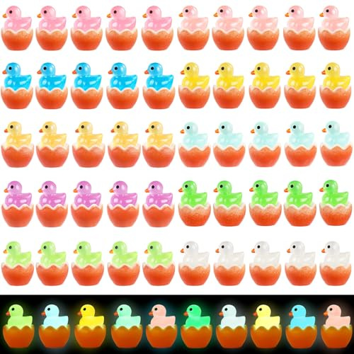 JOLCEEY 50pcs Easter Mini Ducks, 10 Colors Easter Resin Luminous Ducks Little Small Tiny Plastic Glow in The Dark Ducks with Easter Eggs for Easter Party Bag Fillers Indoor Decoration