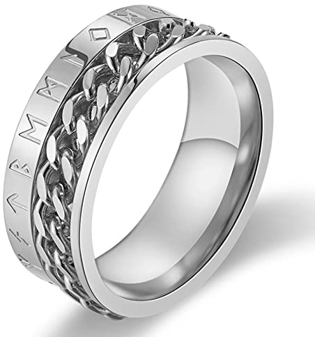 Wikinger-Odin-Runen-Futhark-Symbol-Drehring aus Edelstahl, Text-Siegelring mit Kette, Angstring, nordisches Amulett für Männer und Frauen, modischer, drehbarer Schmuck, Silber, 9