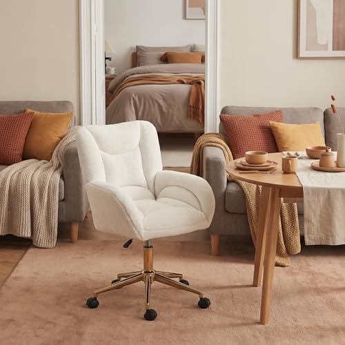 Drehstuhl mit Teddy-Stoff Bezug, höhenverstellbarer Bürostuhl & Computerstuhl mit goldenen Beinen, ergonomisch geformte Rückenlehne, bequemer Schreibtischstuhl für Homeoffice, Gaming & Studium