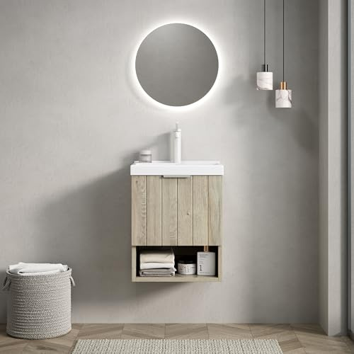 42cm Wandmontierter Badezimmer-Waschtisch mit Weißem Rechteckigem Keramikwaschbecken, Gestreifter Schrank mit Doppeltüren und Offenem Regal, Eiche Cremefarbene Holzmaserung Farbe, Badezimmer